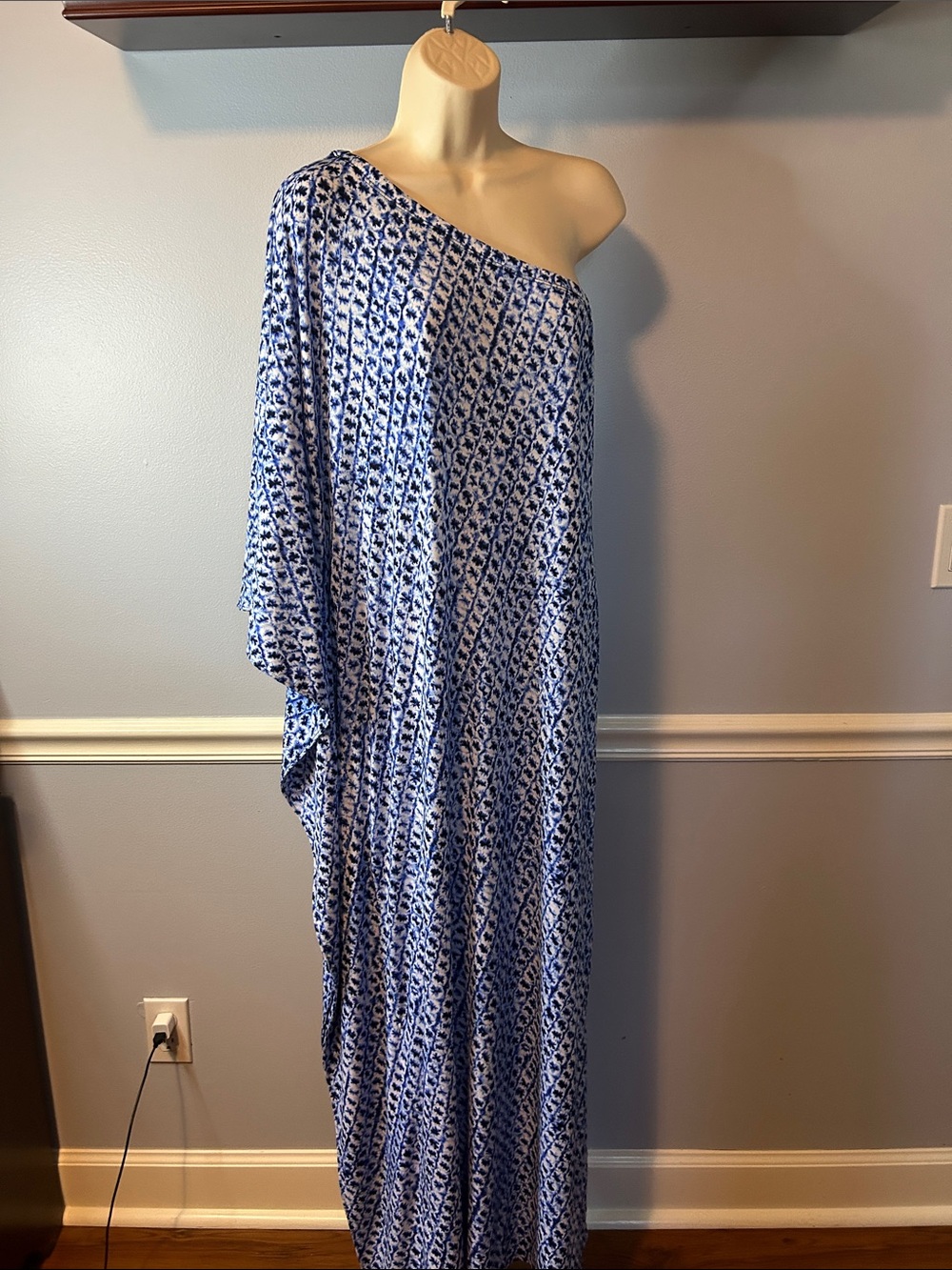 Michael Kors One-Shoulder Blue and White Patterned Maxi Dress